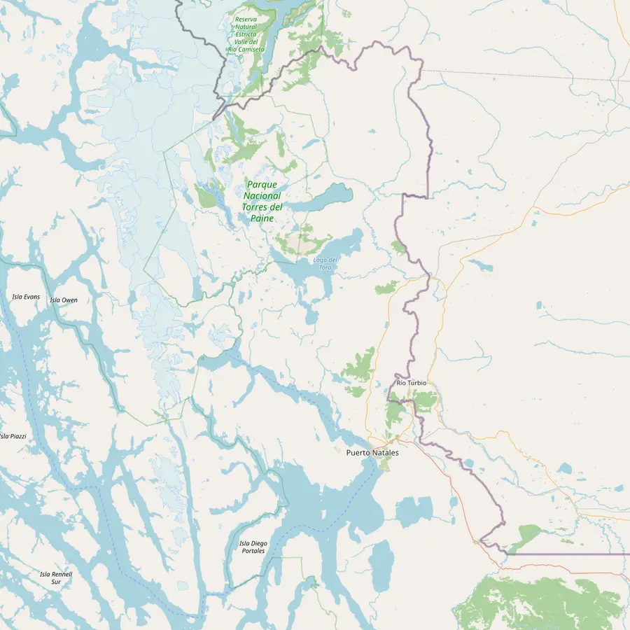 Map from Puerto Natales north to the Sarmiento and Laguna Amarga entrances of Torres del Paine