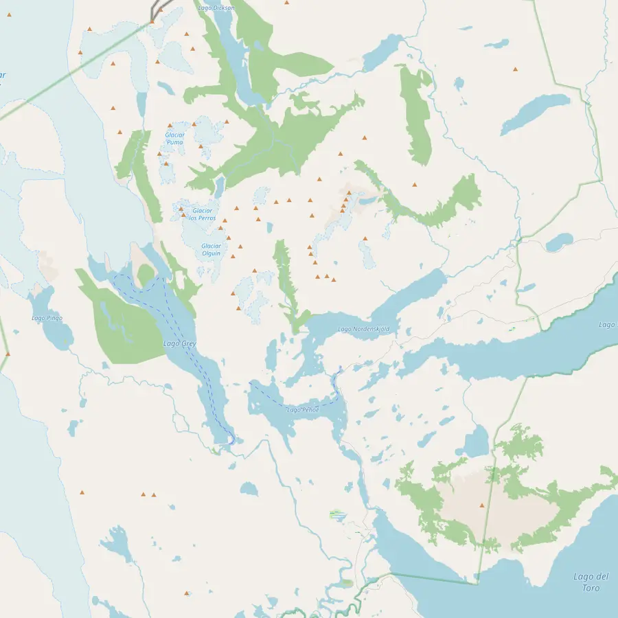 Map of the W route from Hotel Las Torres past Los Cuernos to Paine Grande and Grey, with Mirador Cuernos and Mirador Cóndor